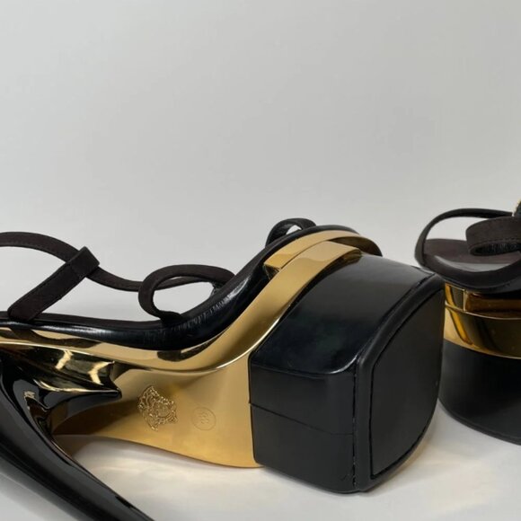 Versace Black & Gold Medusa Triple Platform Swarovski Crystals Sandals Heels - Picture 8 of 13